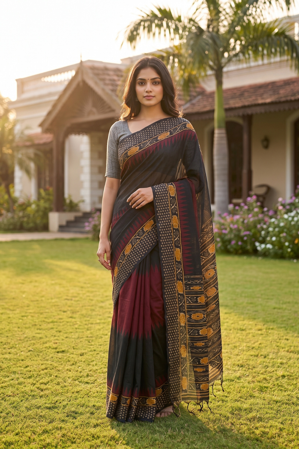 Black Maroon Cotton Zari Saree - Hero