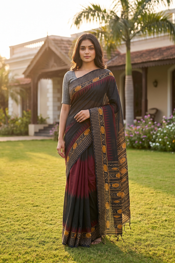 Black Maroon Cotton Zari Saree - Hero