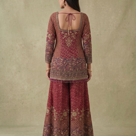 Rani Mahal Maroon Crepe Readymade Heavy Embroidered Sharara Set With Dupatta - back