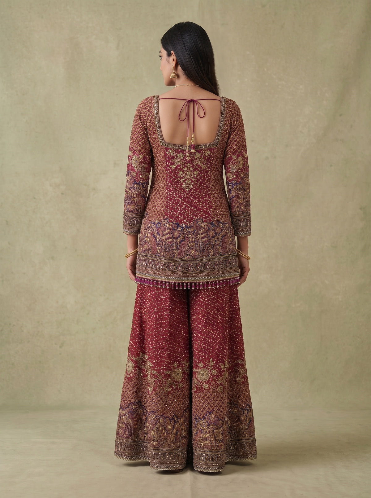 Rani Mahal Maroon Crepe Readymade Heavy Embroidered Sharara Set With Dupatta - back