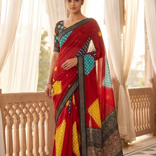 Maroon Chinon Bandhini Printed Saree - Hero