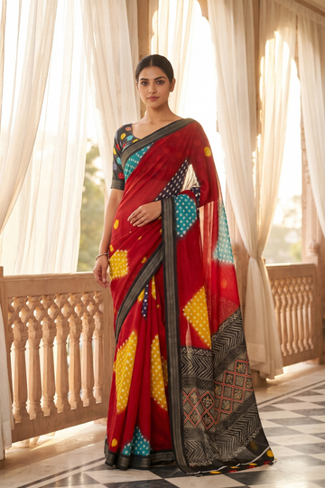 Maroon Chinon Bandhini Printed Saree - Hero
