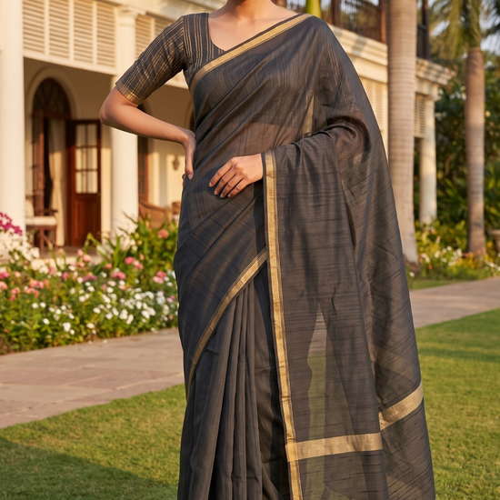 Black Cotton Zari Saree - Hero