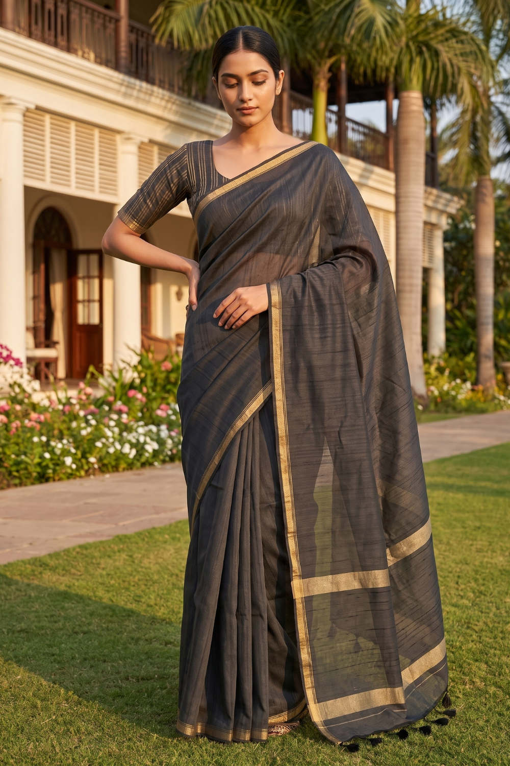 Black Cotton Zari Saree - Hero