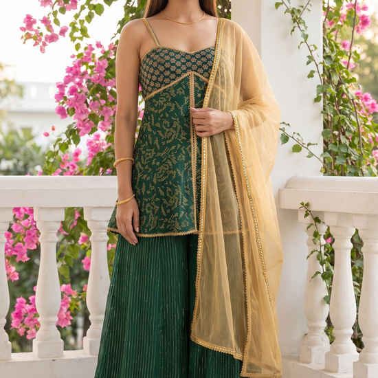 Emerald Muse Bottle Green Georgette Readymade Strappy Suit And Palazzo With Tissue Dupatta - hero