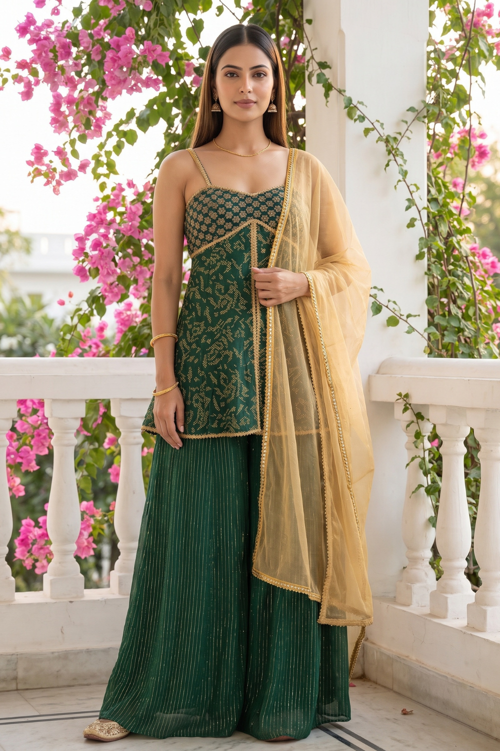 Emerald Muse Bottle Green Georgette Readymade Strappy Suit And Palazzo With Tissue Dupatta - hero