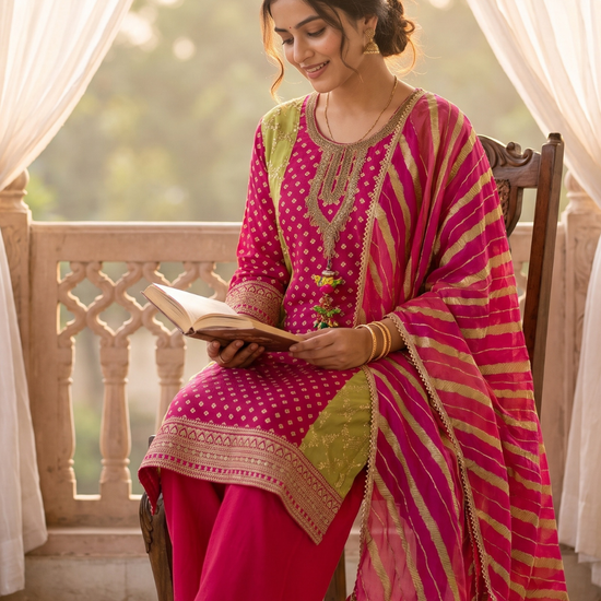 Rangeela Rani Pista Georgette Readymade Suit And Pant With Leheriya Dupatta - hero