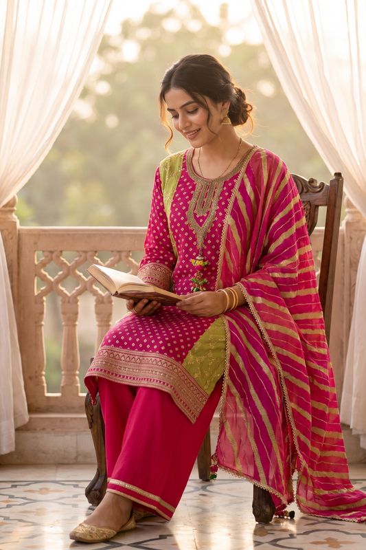 Rangeela Rani Pista Georgette Readymade Suit And Pant With Leheriya Dupatta - hero