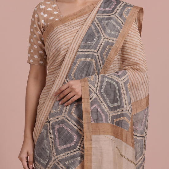 Tusser Off White Cotton Embroidered Saree - Detail