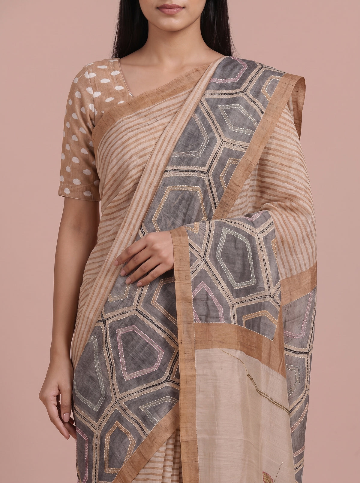 Tusser Off White Cotton Embroidered Saree - Detail