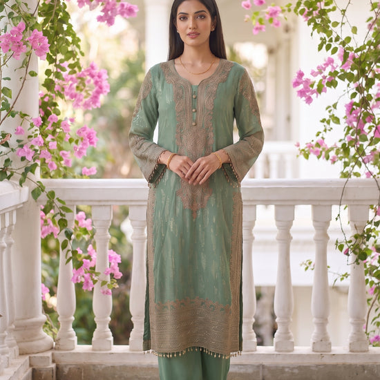 Seafoam Grace Sea Green Georgette Readymade Suit - mood