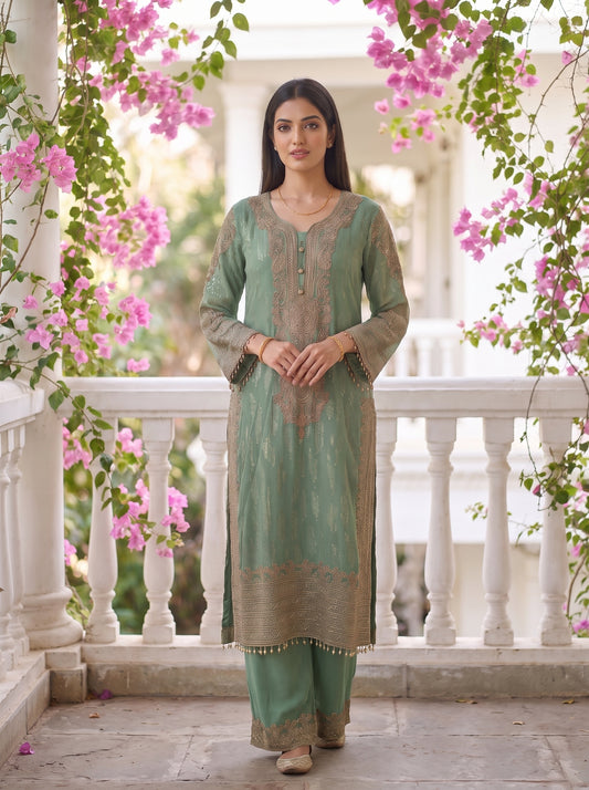 Seafoam Grace Sea Green Georgette Readymade Suit - mood