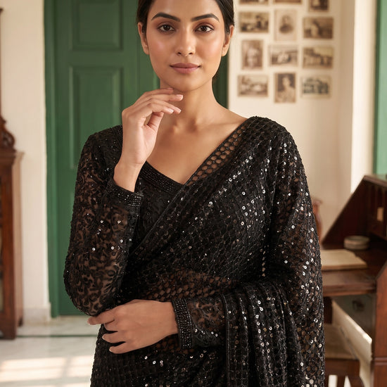 Black Net Saree - Close Up