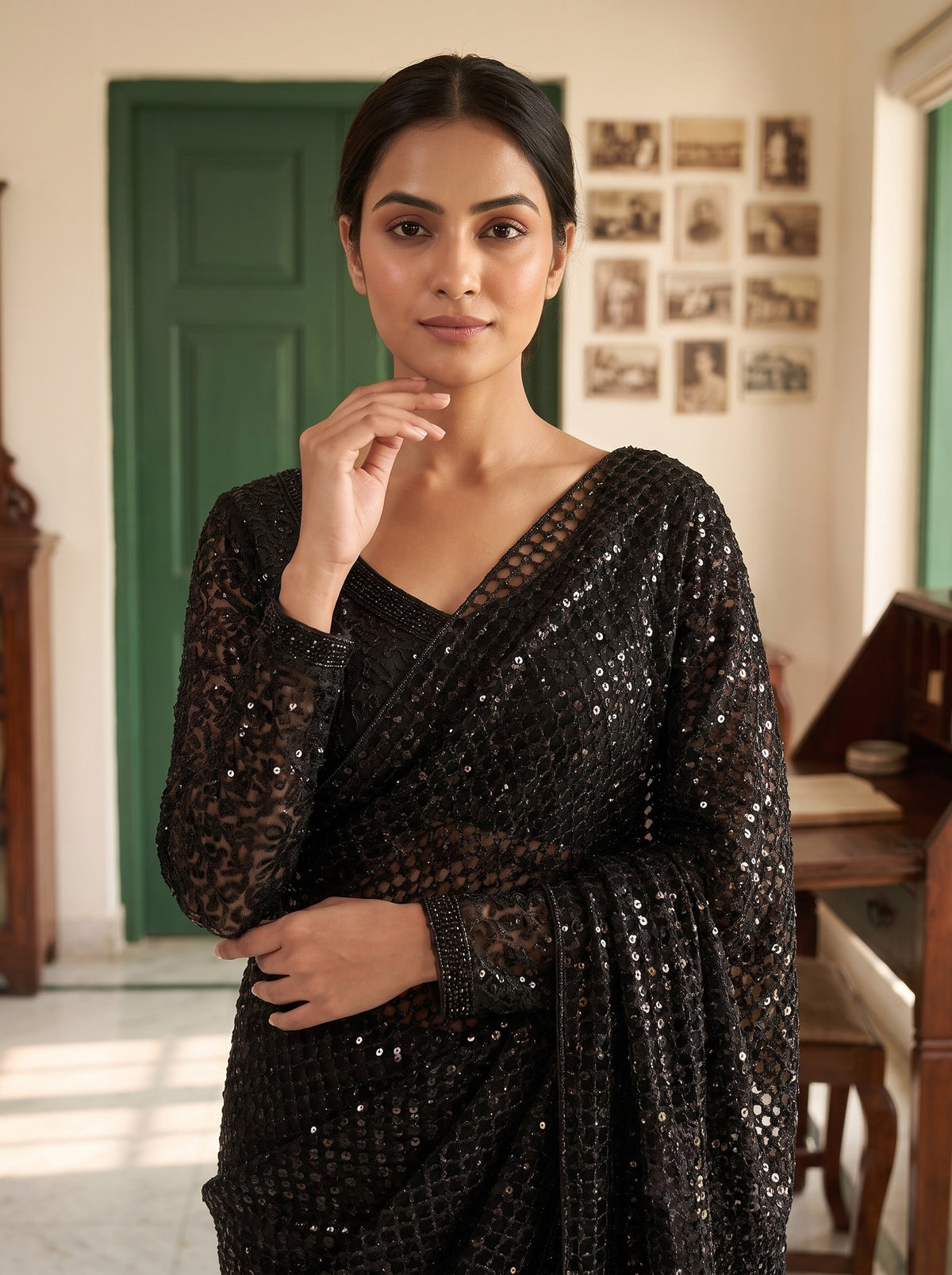 Black Net Saree - Close Up