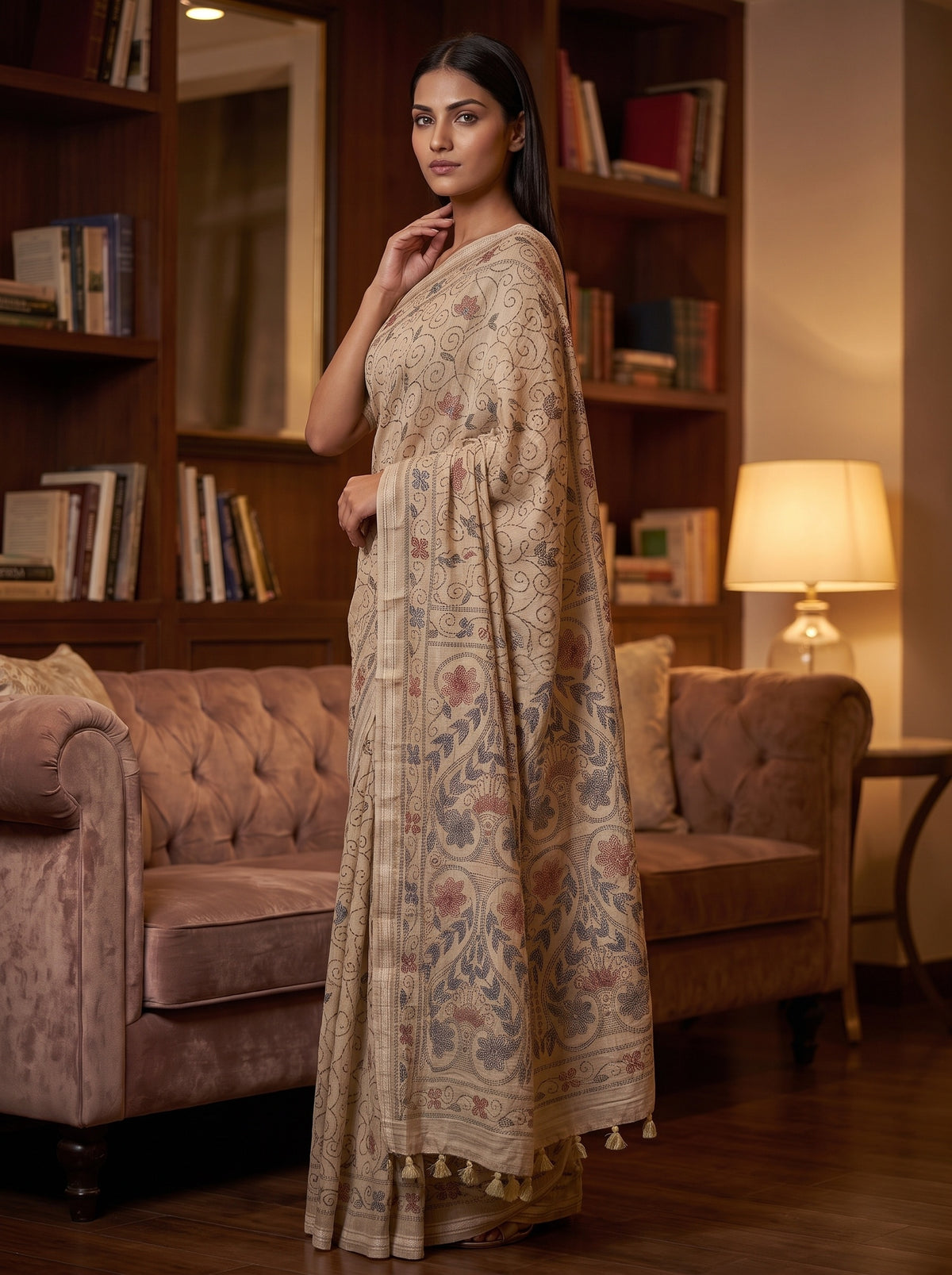 Tusser Cotton Floral Printed Saree - Side