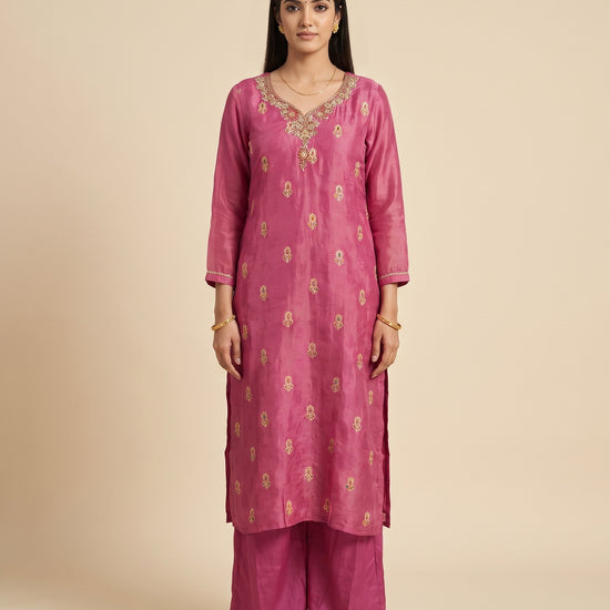 Rose Brocade Dark Gajari Shimmer Readymade Suit And Palazzo With Dupatta - mood