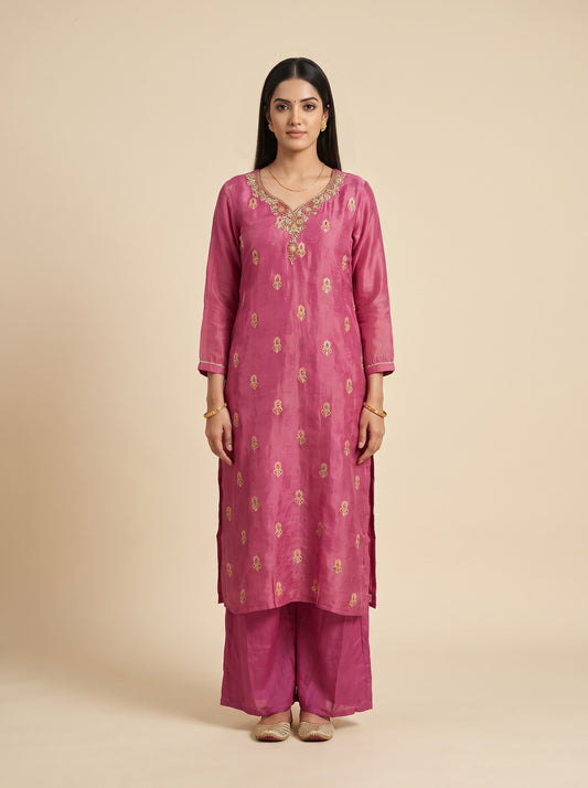 Rose Brocade Dark Gajari Shimmer Readymade Suit And Palazzo With Dupatta - mood