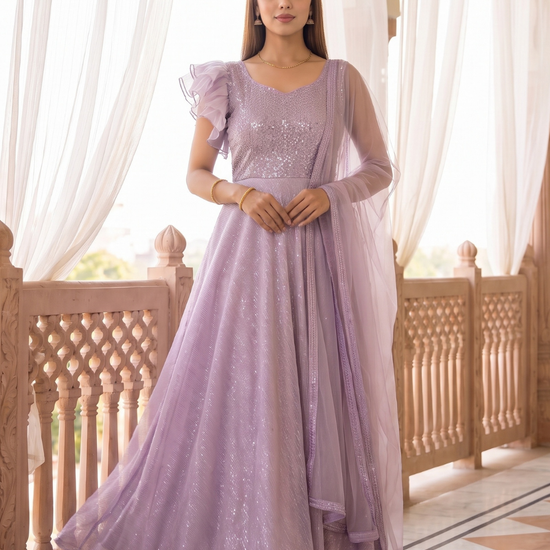 Lilac Dream Pink Lycra Readymade Anarkali Suit With Net Dupatta - hero
