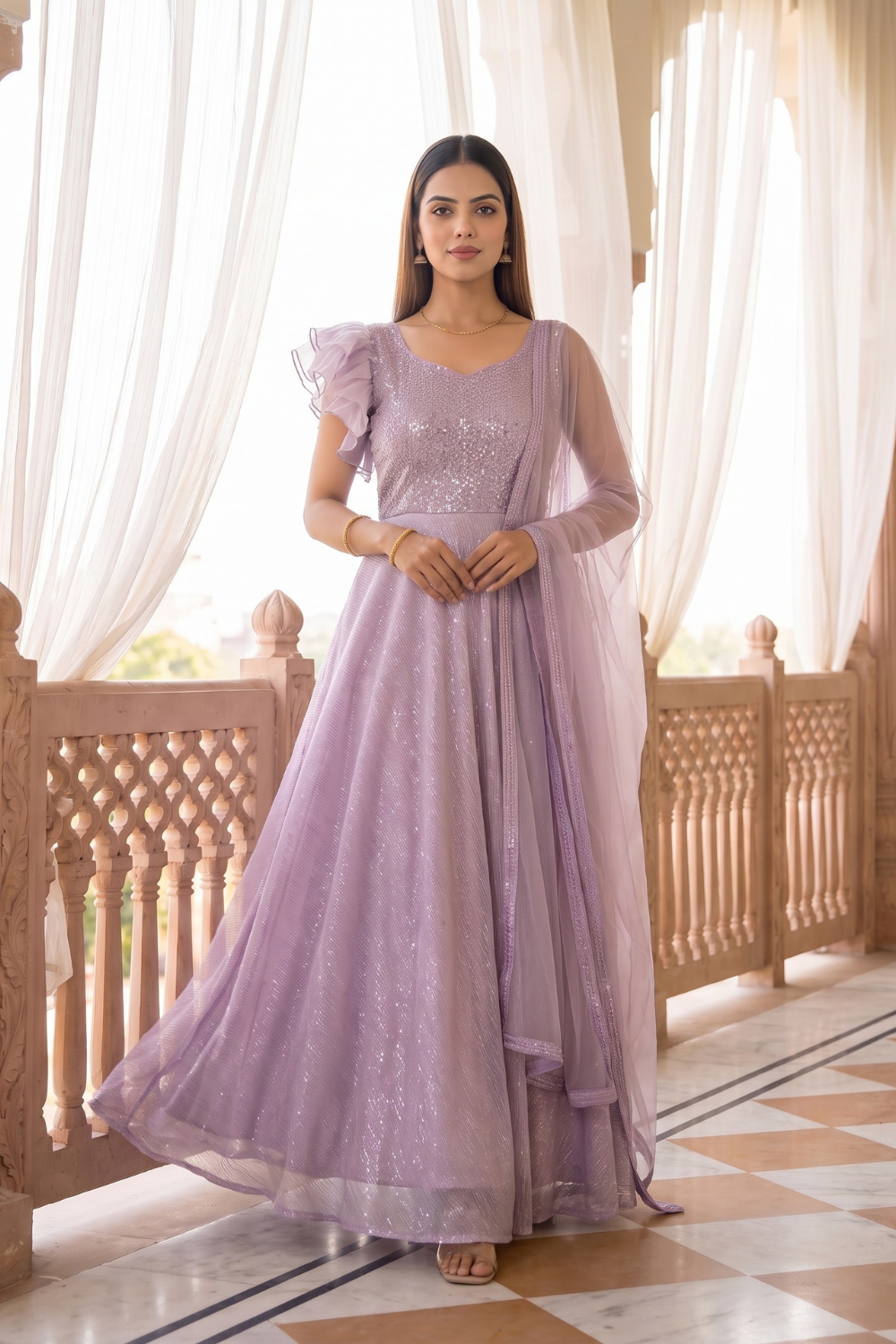 Lilac Dream Pink Lycra Readymade Anarkali Suit With Net Dupatta - hero