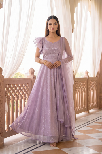 Lilac Dream Pink Lycra Readymade Anarkali Suit With Net Dupatta - hero