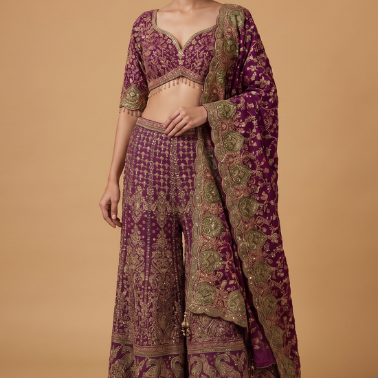 Magenta Mirage Crepe Readymade Crop Top And Sharara Set With Dupatta - hero