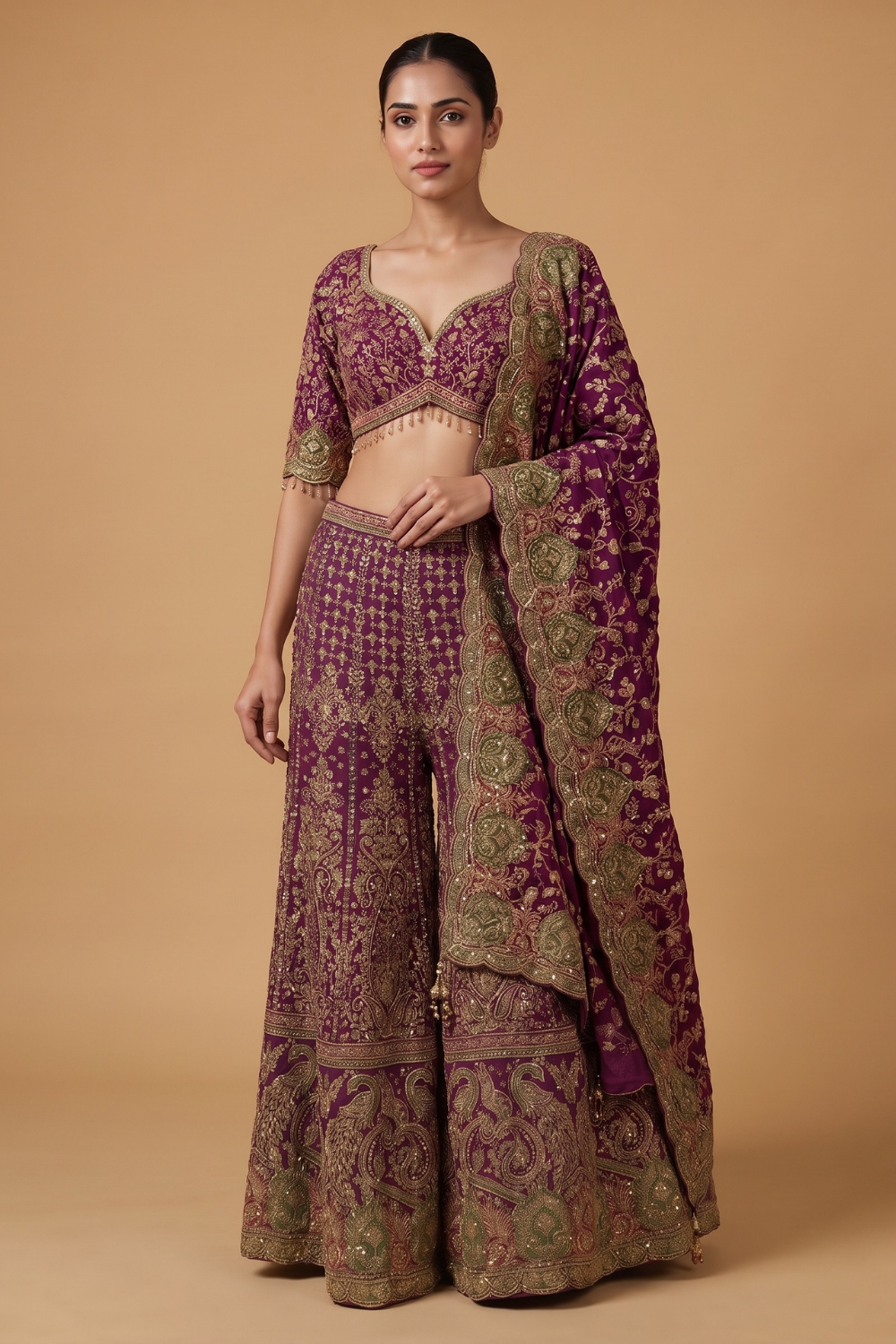 Magenta Mirage Crepe Readymade Crop Top And Sharara Set With Dupatta - hero