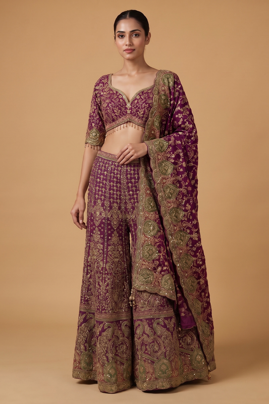 Magenta Mirage Crepe Readymade Crop Top And Sharara Set With Dupatta - hero