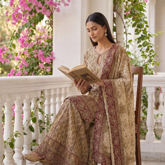 Ivory Heirloom Crepe Readymade Sharara Suit Set With Maroon Border Dupatta - mood