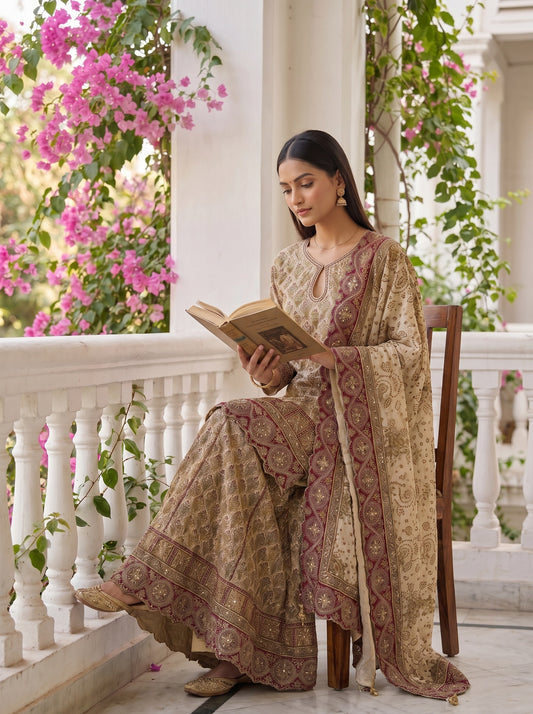 Ivory Heirloom Crepe Readymade Sharara Suit Set With Maroon Border Dupatta - mood