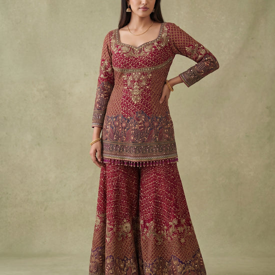 Rani Mahal Maroon Crepe Readymade Heavy Embroidered Sharara Set With Dupatta - mood