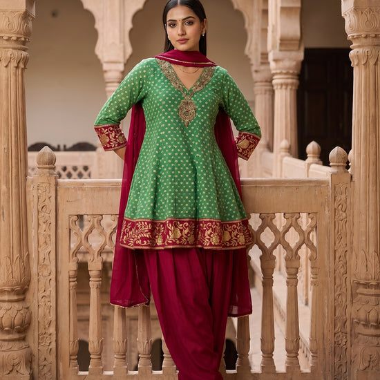Festive Folk Rama Maroon Chinon Readymade Suit And Palazzo With Bandhani Chinon Dupatta - mood