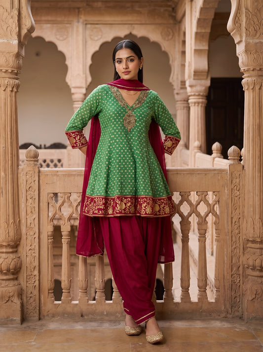 Festive Folk Rama Maroon Chinon Readymade Suit And Palazzo With Bandhani Chinon Dupatta - mood