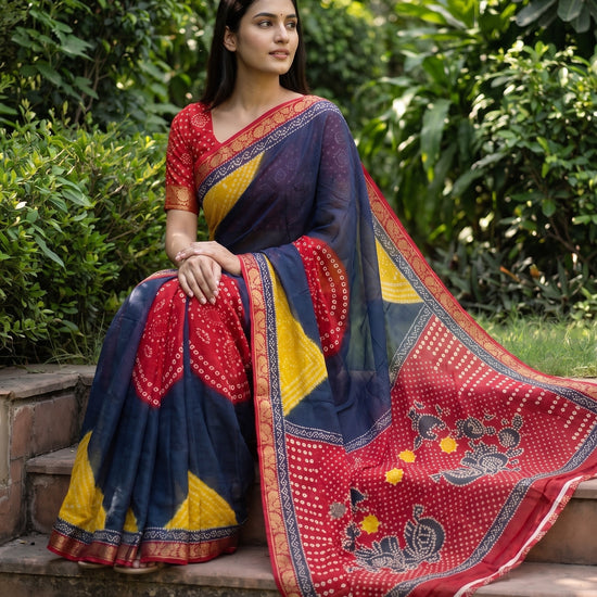 Navy Maroon Chinon Bandhini Printed Saree - Mood