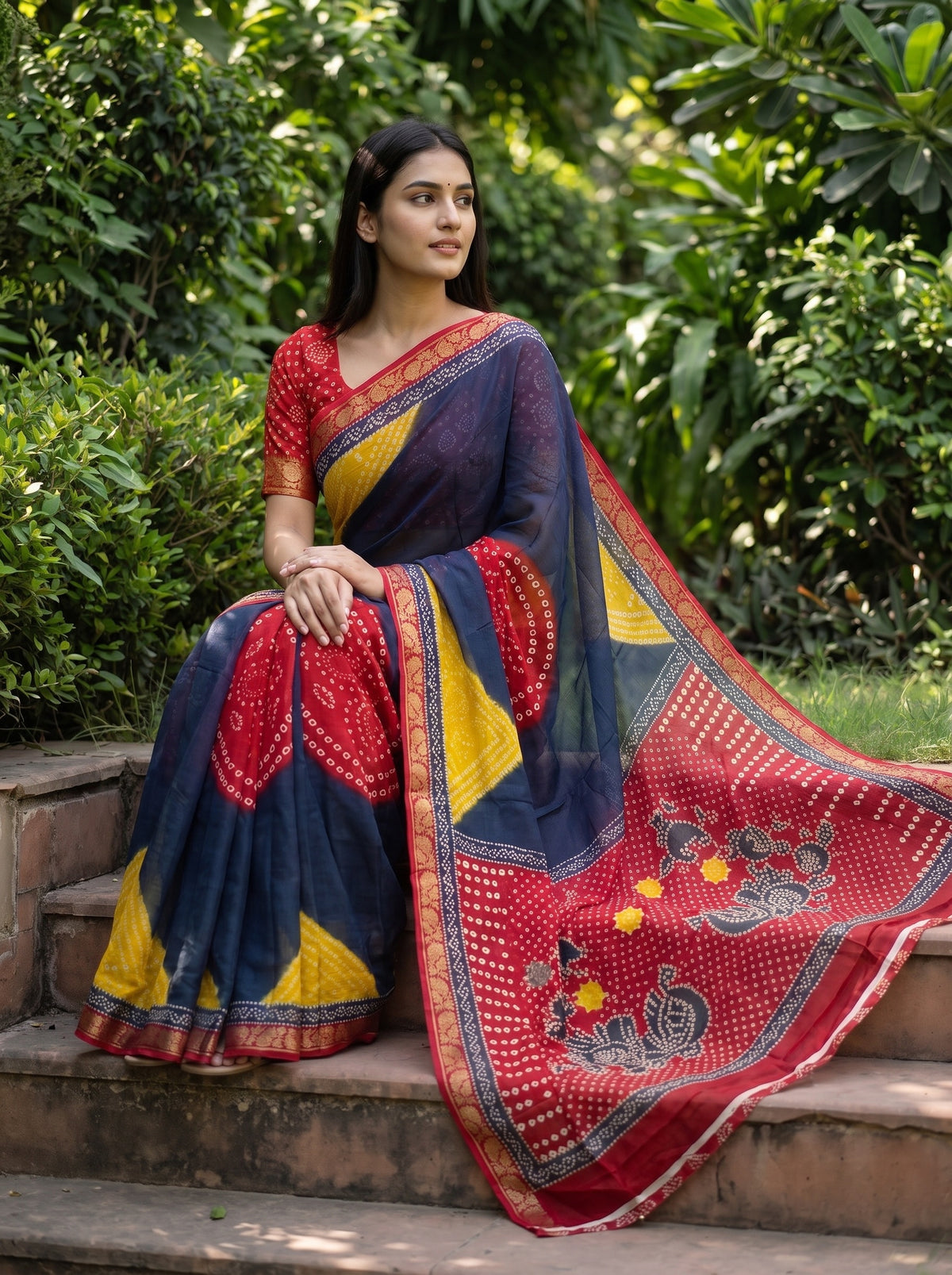 Navy Maroon Chinon Bandhini Printed Saree - Mood
