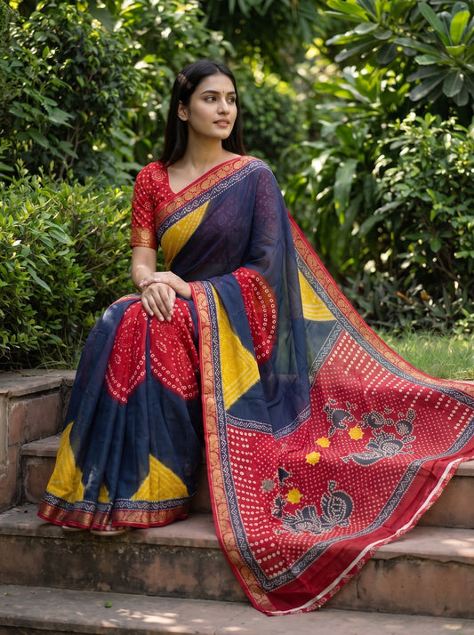 Navy Maroon Chinon Bandhini Printed Saree - Mood