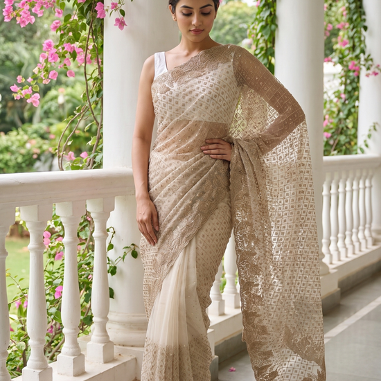 White Net Saree - Hero