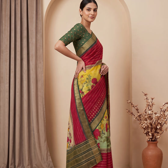 Pista Maroon Muslin Floral Printed Saree - Side