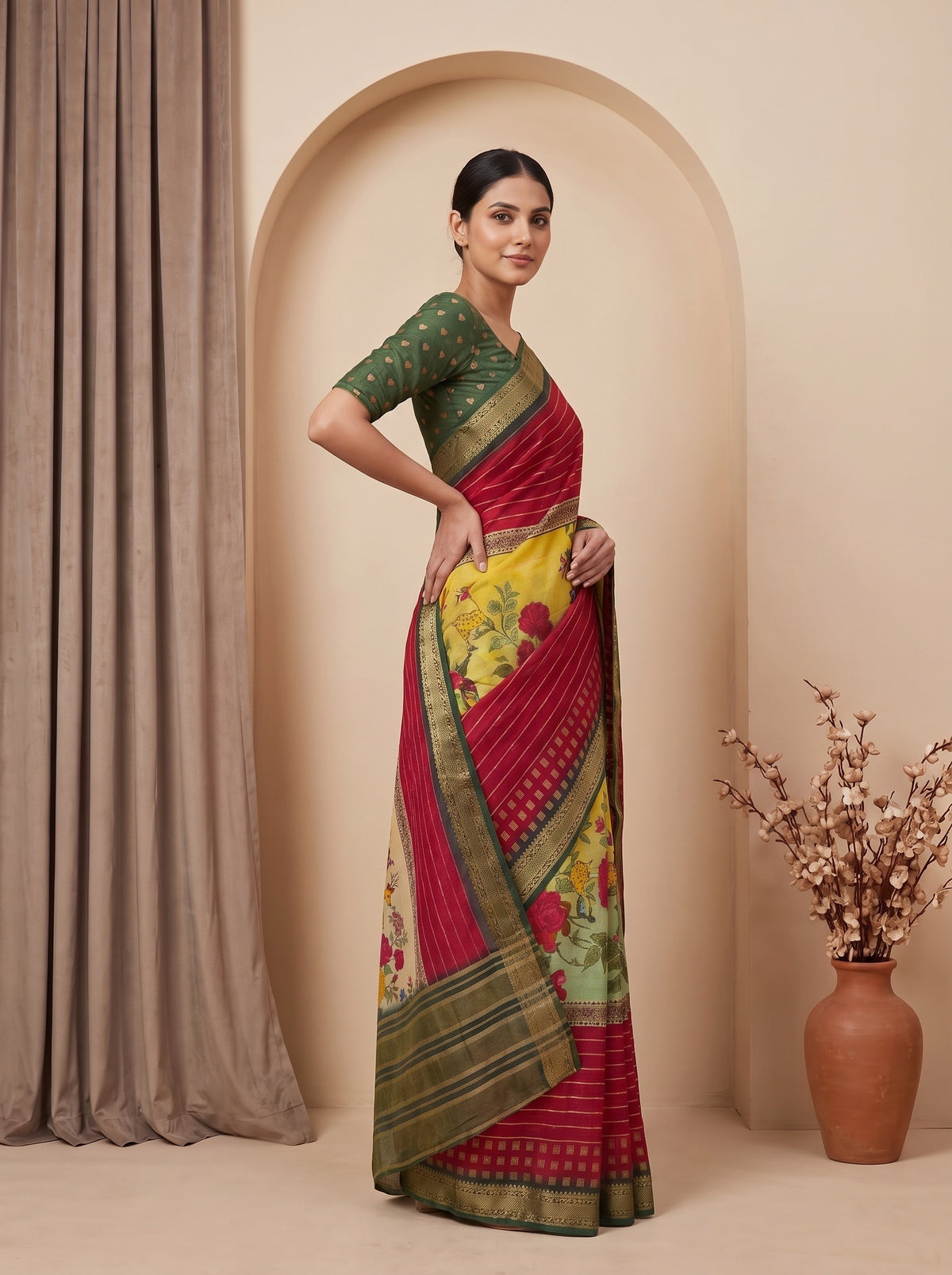Pista Maroon Muslin Floral Printed Saree - Side