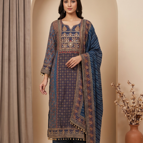 Indigo Muse Grey Crepe Readymade Printed Kurta And Palazzo With Dupatta - hero