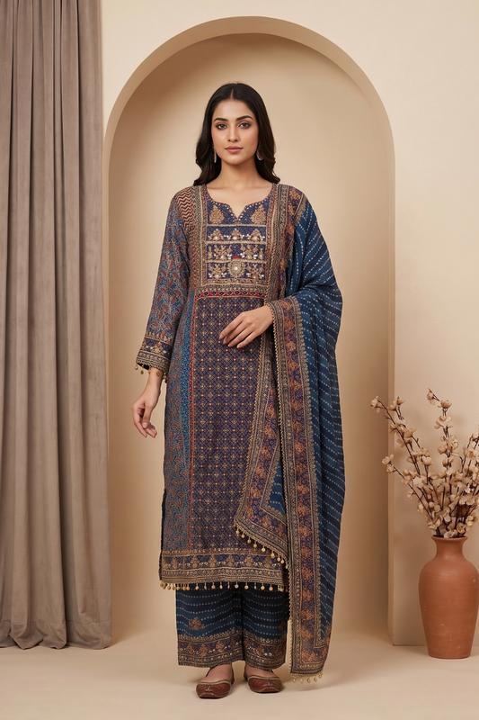 Indigo Muse Grey Crepe Readymade Printed Kurta And Palazzo With Dupatta - hero