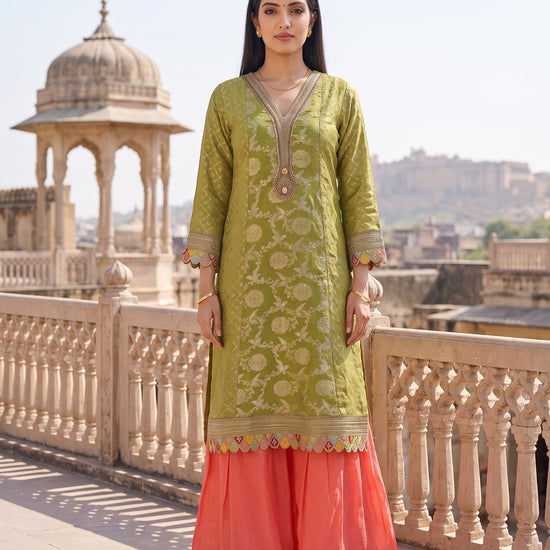 Citrus Utsav Pista Loom Readymade Suit And Palazzo With Leheriya Dupatta - mood