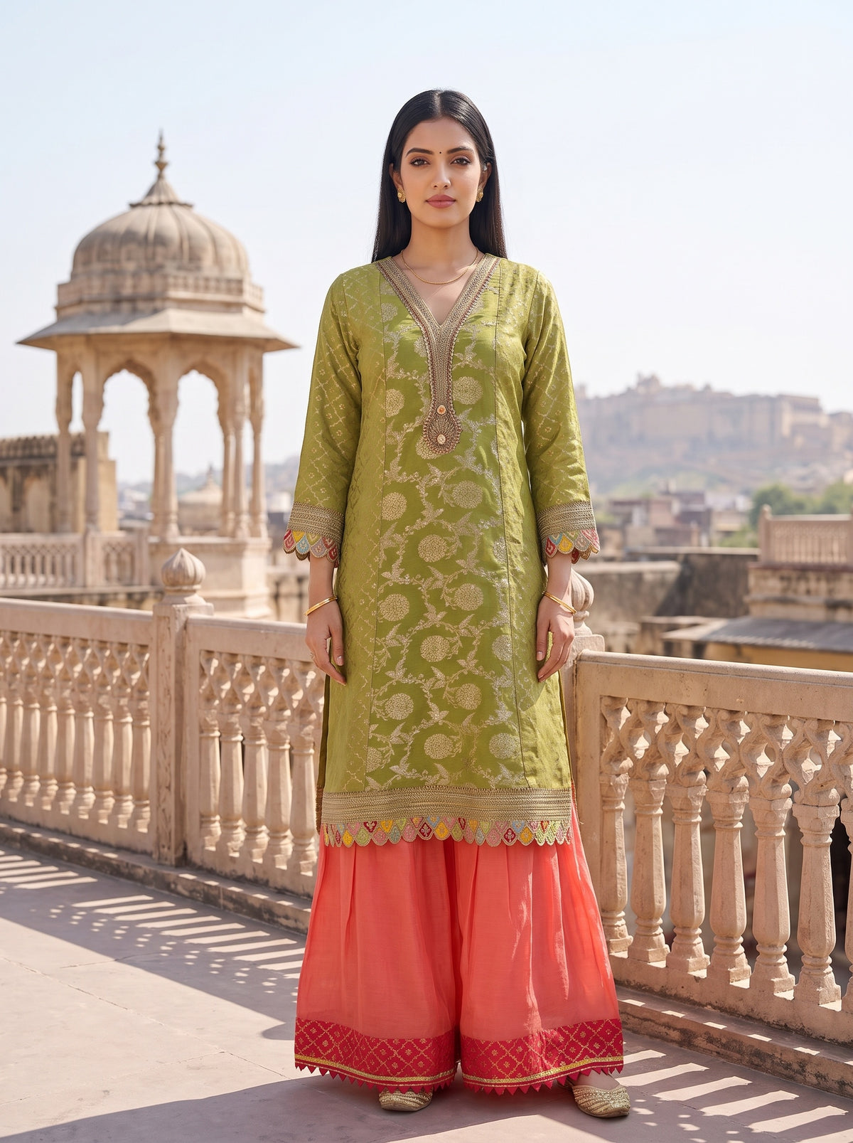 Citrus Utsav Pista Loom Readymade Suit And Palazzo With Leheriya Dupatta - mood