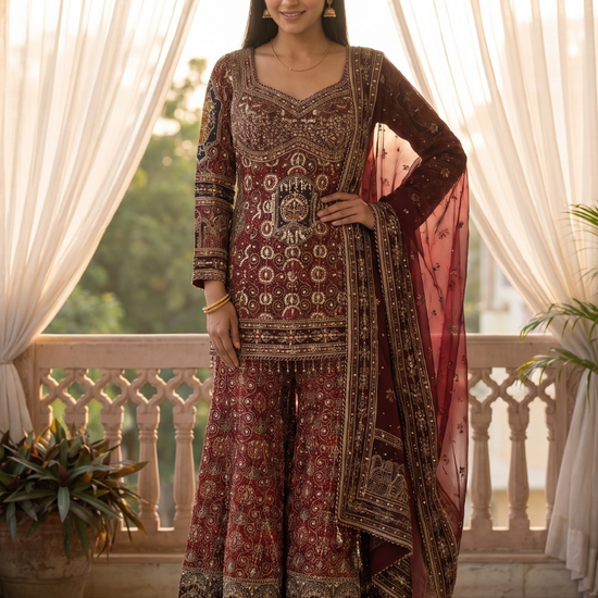 Maharani Maroon Crepe Readymade Heavy Embroidered Sharara Set With Net Dupatta - hero