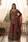 Maharani Maroon Crepe Readymade Heavy Embroidered Sharara Set With Net Dupatta - hero