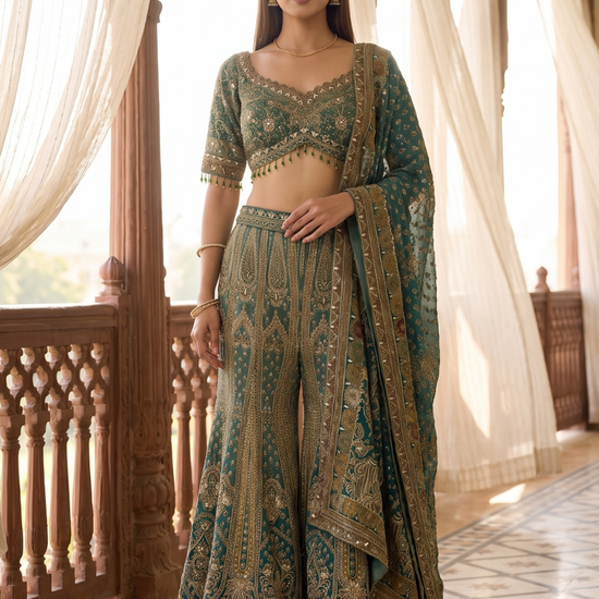 Mint Mirage Green Crepe Readymade Crop Top And Sharara Set With Dupatta - hero