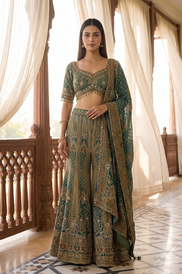 Mint Mirage Green Crepe Readymade Crop Top And Sharara Set With Dupatta - hero