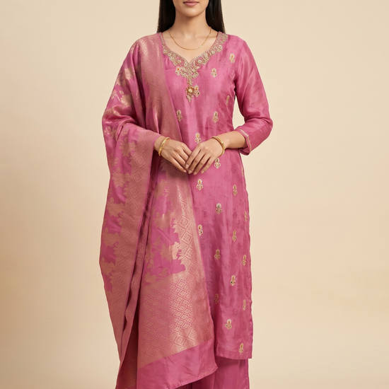 Rose Brocade Dark Gajari Shimmer Readymade Suit And Palazzo With Dupatta - hero