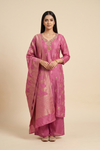 Rose Brocade Dark Gajari Shimmer Readymade Suit And Palazzo With Dupatta - hero