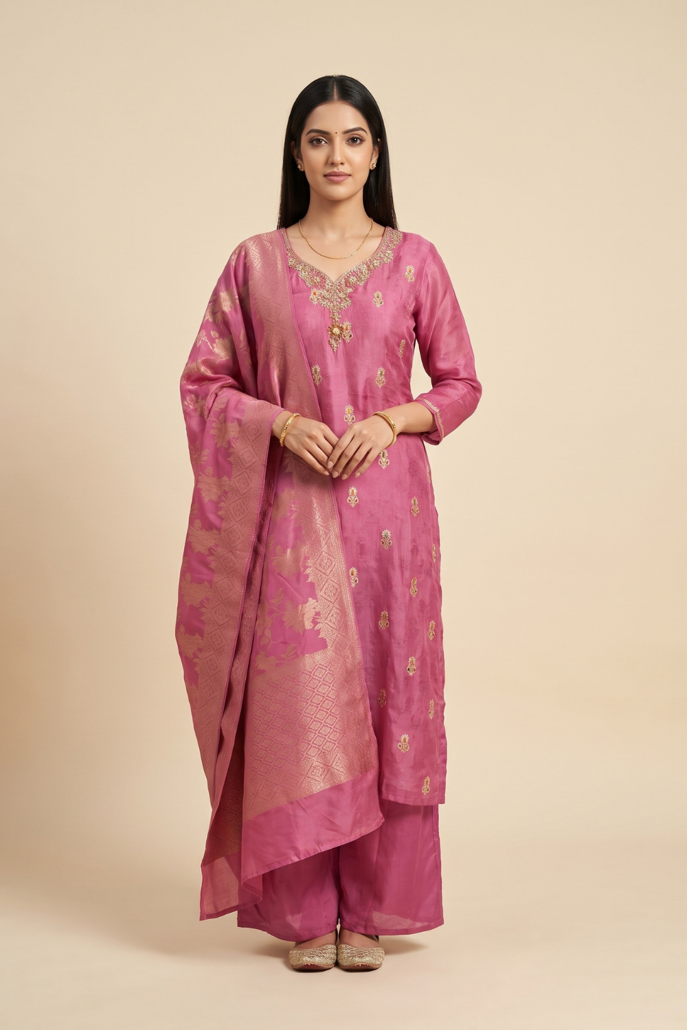 Rose Brocade Dark Gajari Shimmer Readymade Suit And Palazzo With Dupatta - hero