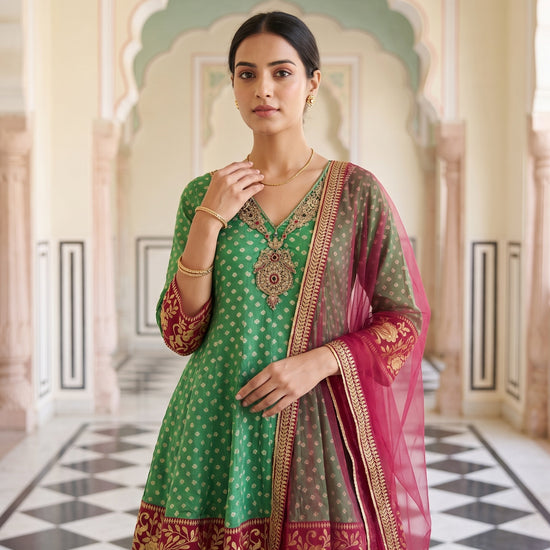 Festive Folk Rama Maroon Chinon Readymade Suit And Palazzo With Bandhani Chinon Dupatta - closeup